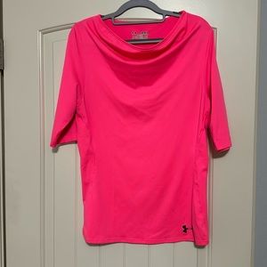 Hot Pink breast cancer symbol on arm. Mid length sleeve breathable fabric
